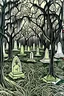 Placeholder: Linocut cemetery with Spanish moss