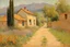 Placeholder: sunny day, mountains, trees, dirt road, flowers, spring, countryside, adobe house, friedrich eckenfelder and hans am ende impressionism paintings