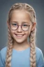 Placeholder: 8K Ultra-HD, Hyper Realistic, Photorealistic, Realistic, focused, Clear, Extremely Detailed, beautiful, Cinematic, proportionate, full color, headshot image of a smiling 8-year-old girl with long blonde hair, pulled back into braids, wearing a pair of blue round lensed glasses, and a pink and blue button t-shirt, big happy smile,