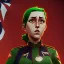 Placeholder: War propaganda of a patriotic female soldier wearing green w red lights full torso wearing medals and a biplane overhead flying in the background