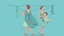 Placeholder: A digital illustration of a woman walking carrying a child in a sling, on an aquamarine blue background, with clothes hanging on a line nearby