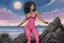 Placeholder: [art by Kevin Eastman and Peter Laird] the surprised Urvāśī, 24-years-old a celestial nymph (apsarā) famed for her divine beauty and allure. wearing a pink one-piece swimsuit , poised on hands and knees, the overcast sky in the background, vintage 1980's photo