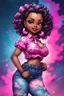 Placeholder: vibrant psychedelic comic book image, airbrush, 48k, cartoon art of a chibi curvy black female wearing torn jeans pants and a pink tie dye off the shoulder blouse. Prominent make up with lush lashes. Highly detailed sleek wavy ponytail