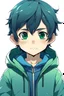 Placeholder: Anime child boy with greenish blue jacket. black hair. With a relaxed face