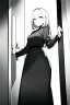 Placeholder: girl is standing outside a door, wide angle view, greyscale