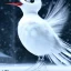 Placeholder: smooth hyper realistic, beautiful Japanese snow bird robot in crown, pale colors, dark cosmos background, extremely sharp detail, finely tuned detail, ultra high definition, 8 k, unreal engine 5, ultra sharp focus, accurate sword wings, positive smile, lot of details, fit within portrait, Ambiance winter, perfect composition, perfect hair, perfect hands, finger up gestures