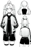 Placeholder: blonde girl with ponytails dressed in a jacket and shorts walks briskly, front view, greyscale