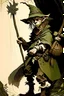 Placeholder: Snufkin from moomin's pictured as Dungeons and Dragons styled tall wood elf with a longbow on his hands