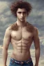 Placeholder: beautiful 12 year old arabic boy with long, curly hair and light blue eyes, not muscular, smiling, shirtless standing next to his father