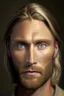 Placeholder: Portrait of a man in his thirties, brown eyes, short beard, small eyes, high cheekbones, long blond hair