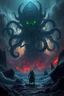 Placeholder: Create image depicts a dark, bdystopian landscape engulfed by a colossal, entity rising from a chaotic sea. The massive creature, with glowing green eyes and numerous tentacles, looms menacingly over the scene, creating an apocalyptic atmosphere. Its many sharp claws and writhing tendrils emerge from the ocean, symbolizing unstoppable destruction. In the foreground, a humanoid figure stands defiantly amidst the chaos, appearing to battle the monstrous force. This figure is clad in alie