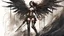 Placeholder: biomechanical women, beautiful, steampunk, dusty brunette, long square, large steampunk black wings, sword, steam, dynamic pose, rain, wind, ashes, flashes of fiery threads, steam engine, caves with rusty pipes on the background, dark world, sketch art, fine lines, grunge, sensual, darkness, dark colors, by Raymond Swanland & Alyssa Monks & Anna Razumovskaya