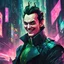 Placeholder: Loki grinning maniacally, in cyberpunk art style, background new york