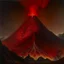 Placeholder: A dark orangish red volcano with spewing fire designed in native American petroglyphs painted by Henri-Robert Bresil