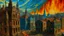 Placeholder: A close-up view of a burning american city and destroyed buildings in the colors of Van Gogh's paintings