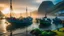 Placeholder: Colourful fishermen’s boats anchored in a harbour in the Faroe Islands near a fishing village, fishermen putting fishing nets on their boats, peaceful, mist in the distance over the calm sea, early morning, sunrise, beautiful romantic photograph, excellent composition, atmospheric, realistic