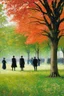 Placeholder: Trees, forest, autumn, grass, a lot of distant people, flowers, gothic horror films influence, mistery, charles leickert, and konstantin korovin impressionism paintings