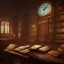 Placeholder: dark fantasy concept art, dynamic lighting, hyperdetailed, intricately detailed, Splash screen art, deep color, Unreal Engine, volumetric lighting, fantasy library artwork, indoors, cozy, leather, wood, clock, library, books,