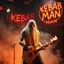 Placeholder: a very thin swedish viking man, evil with very long blonde hair (2 meter), (fat glowing eyes), he is called "KEBAB MAN" performing at death metal club, his name is "KEBAB MAN" kebab rolls On stage, kebab Neon lights and smog, and "KEBAB MAN" big sign on the wall, kebab tribal tattooes, spinning kebab machines, flames and smoke, chaos, he using gasolin and pour it on the guitar on the stage