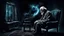 Placeholder: Melancholy theme picture. sometimes tha man at night stares out into the cold space, and something hurts the heart, something big thing miss. old man sitting in old armchair at home and looks into nothingness, melancholic mood, meaning of life, nebula, detailed, gloomy, and surreal vibe. dark colors, cinematic