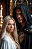 Placeholder: image of a handsome and muscular warrior wearing a black hooded cape with silver symbols. holding a beautiful delicate sweet young woman wearing an oversized white shirt with long blonde hair, close up shot, romantic, fine details, high resolution, 4k, photorealistic. Expensive antique furniture in the background