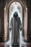 Placeholder: insanely detailed photo of hooded figure with glowing eyes stepping out of a large ornate mirror with lots of white smoke and haze