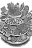 Placeholder: an illustration made by composing different nepalese food cusines in black and white like it was made with marker