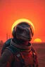 Placeholder: close up portrait of a lonely man-raptor hibrid astronaut , the sun setting in vibrant hues of orange and yellow and red. His helmet reflects the light, he gazes at towering structures on the horizon—remnants of a once-great civilization. With every step through the barren sands, the weight of his mission grows heavier. Is he a pioneer, The silence and black shadows around him , surreal, dark sci-fi, utopistic vibe