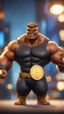 Placeholder: black hunk lowpoly Abobo from double dragon holding up a dog sized golden coin with a print of himself ,bokeh like f/0.8, tilt-shift lens 8k, high detail, smooth render, down-light, unreal engine, prize winning