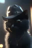 Placeholder: a cat with black fur wearing a black hat and black sunglasses, Unreal Engine, cinematic lighting