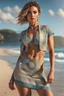 Placeholder: full body Portrait of an exotic beautiful caucasian woman wearing trendy clothing at a beach, perfect detailed face, detailed symmetric hazel eyes with circular iris, realistic, stunning realistic photograph, 3d render, octane render, intricately detailed, cinematic, trending on artstation, surfing in waving clear water, high definition, cinematic, neoprene, behance contest winner, portrait featured on unsplash, stylized digital art, smooth, ultra high definition, 8k, unreal engine 5, ultra sha