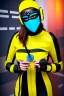 Placeholder: Adaptive photograph. Geometric 3D tiling on the background. Lightly armored, electronic circuit. Cyber-punk full-mask. woman. The mask covers the face fully. Bronze color Yellow Black Cyan. AKG headphones, golden rings & disc. Selfie both hands. Thick tights. Thick calves. Curved fell. Wide hip. Flat belly. Ancient artifact, cables. Perfect, Tron Movie. Lay figure. Haute Couture 1990's. Light from right