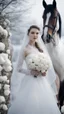 Placeholder: Snowman in a field of white roses and snow . wearing a bride lace veil.Horses in the background.blur background.cinematic photo.dark mood