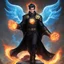 Placeholder: A 25 years boy persian in matte black robes with flaming eyes with grin with flaming light blue pupils stands atop a squire Two infinity gauntlets contain six infinity stones, one of which is made with nano In the hands of a powerful man walking While standing on a majestic height from afar With two big wings