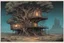 Placeholder: night, one tree house in the middle of the image, bared land, post-apocalypse, front view, comic book, cartoon,,