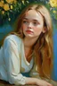 Placeholder: Lily-rose Depp, long hair, resting, in the style of claude monet, oil painting
