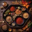 Placeholder: top-down photograph of a gourmet spice kit, jars and vials with cork stoppers in a beautiful ornate lacquered wooden multi-sectional container, stunning advertising photograph, cinematic lighting, moody atmosphere, ornamental stones and wooden knick-knacks, autumn atmosphere, wiccan, oak leaves, wheat stem