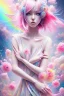 Placeholder: pop manga, woman, pink hair, colorful, watercolor splash, white dress, rainbow flowers, in the style of Camilla d'Errico, hyper detailed, beautiful, complex, trending on artstation, cryengine, national geographic photo, chiaroscuro