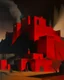 Placeholder: A dark red volcanic fortress painted by Lyonel Charles Feininger