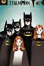 Placeholder: Act like a book cover designer. Use batman comic style. Grimmy black cat and a group of three teenagers (13-15 years old) - two brothers with ginger hair and frickles with a brown-haired girl. Environment: old town.