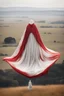 Placeholder: Giant massive huge in stature, majestic entity, hovering and floating over a large field landscape. the entity wears a white and red draped fabric that has printed on the material resembling stars. the fabric has also technological elements. you can see how big it is compared to a tiny human standing in front of it