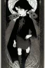 Placeholder: 7 year old boy, necromancer, friendly, looks dead,with a long lamprey emerging from his belly , wearing black robes, in the style of Harry Clarke