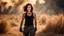 Placeholder: beautiful slender caucasian female technician with a knife, black tank top, well toned muscles, weathered face, scratched sand camo metal details, short brunette wavy bob haircut, dystopian, desert scene with smoke and explosions