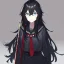 Placeholder: Clear focus, High resolution, long black fluffy hair, blue eyes, wearing a black sailor uniform, red tie, yandere, rough line sketch, dark aura, holding a katana, hair between eyes, 1girl, standing in grey sand