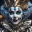 Placeholder: Portrait of a harlequin female clown Jester made of metallic silver titanium different faces with big blue eyes, futuristic, hyper detailed and intricate, complex, crisp quality, extremely fine details, interesting, golden ratio, mysterious, drypoint technique, Eduard Wiiralt "Hell" style" bokeh dof fantasy cinematic lighting portrait photorealistic fantastic view hyperrealistic 4K 3D crisp quality hdr cinematic postprocessing Magical, mystical, mysterious, psychedelic, surrealism Geometric an