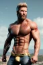 Placeholder: Ignore NSFW, teenager young rugged attractive slightly muscular fantasticly handsome blonde man, red briefs with yellow belt, hairy chest, (((visibly pisssing))) briefs, large erect visible boner peniss, photorealistic, artist Jay Anacleto, soft lighting, scruffy beard