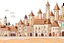 Placeholder: Scene foreground, background, middle ground with que, zoomed on on a building in an organic city in a not scary hell, Middle Ages style, an exaggerated long que of people outside the building, waiting in line, style: children’s book illustration, flat vector-like, no shadow, minimalistic, no outline, realistic colors in orange, red shades