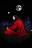 Placeholder: On a dark night, on a full crimson moon, a vampire appears wearing a red scarf with a long beard and hair, eating his stump in Paris, and a hiding person sees him.