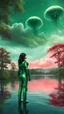 Placeholder: Photorealistic Photo Of A long black-haired woman in a green robot suit, Looking Out Over A Lake With jellyfish with red Tentacles, Tall Narrow Cloud Trees In The distance with an alien sky