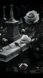 Placeholder: A grave above it a white lace scarf and blood on it. and white roses. Cinematic picture dark mood